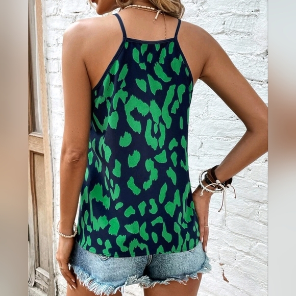 New Chic Animal Print V Neck Cami Top Tank Navy Blue Green - Picture 5 of 8